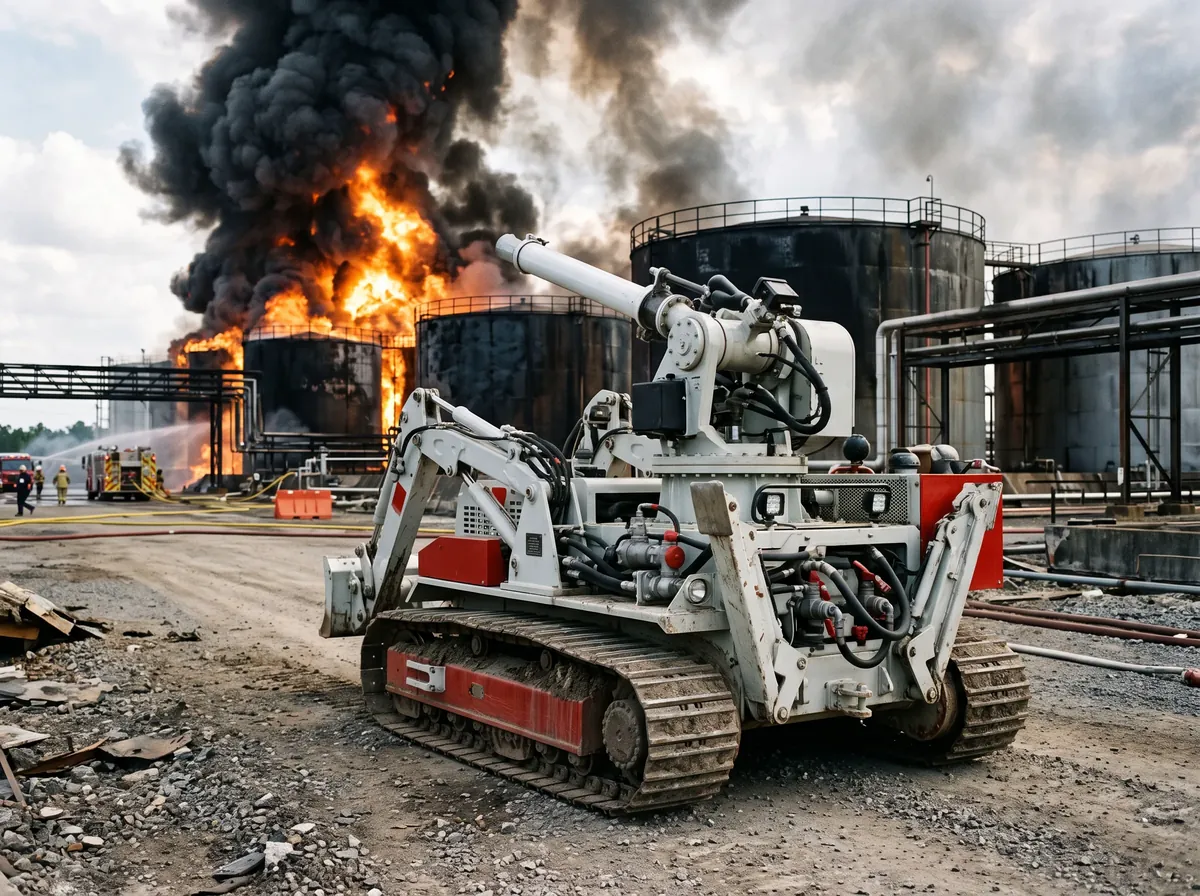 Robotic platform delivering water or foam toward an industrial fire